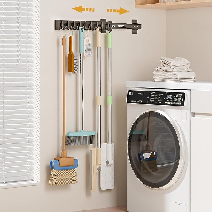 Pull Out Broom Holder With 9 Adjustable Row Sliding Hook-Dark Grey 16.14in | High Load Capacity, Multifunctional Slide Broom And Mop Storage/Organizer Garage Organization Hook, for Closet Laundry Garage