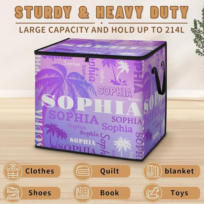 Personalized Storage Bins with Lid, Customized Name Jumbo Storage Basket Rectangle Clothes Organizer for Organizing Kids and Pets Toys Shelf Closet, Gradient Purple Tropical Trees Summer