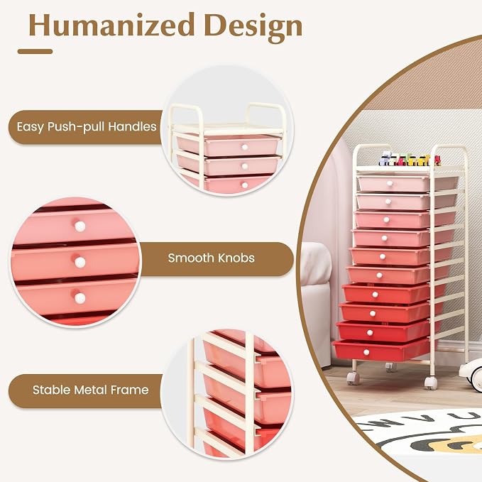 10 Drawer Rolling Storage Cart, Organization Cart with Drawers for Craft Makeup Paper Tool Art Supply, Versatile Utility Cart on Wheels for Home Office Classroom School (Gradient Pink)