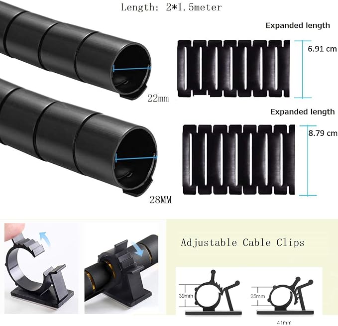 Black Computer Cable Management Sleeves Value Pack, Large 1.1" Pet Proof Cable Cover for Wires and 0.87" Cord Organizer Tube for Home TV Office Organization