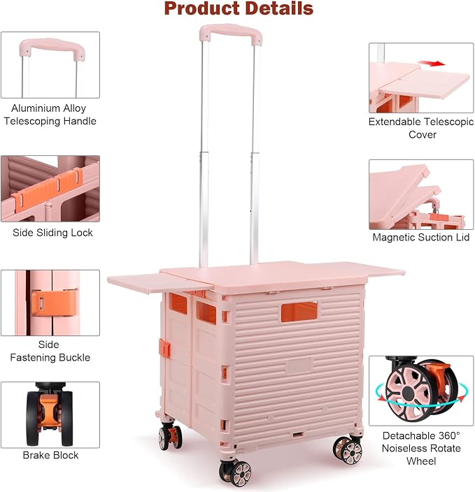 Foldable Utility Cart Collapsible Portable Crate Rolling Carts with Wheels Tote Basket with Magnetic Lid Telescopic Cover Wear-Resistant 360°Rotate Wheel Noiseless for Shopping Storage Office Use