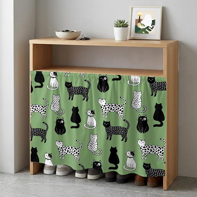 Cat Animal Cabinet Curtain 35"Wx35"L,Dustproof Under Sink Skirt with Self Adhesive Tape,Sage Green Earthy Tone Vintage Pet Modern Cabinet Curtain Cover for Kitchen Sink,Bathroom Vanity,Laundry Room