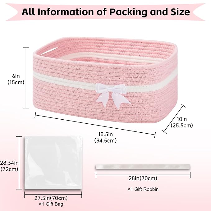 OIAHOMY Large Woven Storage Basket with Handles for Nursery Living Room Shelves, Bow Basket for Gifts Empty with Gift Bags and Ribbons for Baby Showers Pet Toy Bin - Pink