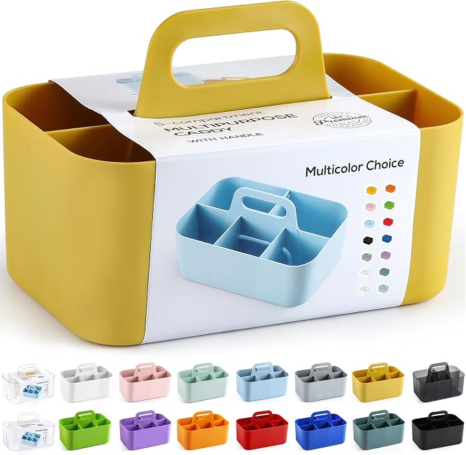 Multiuse Caddy Organizer with Handle, Portable Divided Plastic Tote Bin - Art Craft, Stationary Pen Marker Crayon, Makeup Hair Supplies Storage - Bathroom, Classroom, Dorm, Office, Desk Holder -Yellow