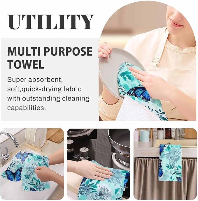 Blue Floral Butterflies Waffle Kitchen Dish Cloths Beautiful Butterfly Green Flowers Ultra Soft Absorbent Quick Drying Dish Towels 16 X 24 Inches Set of 2