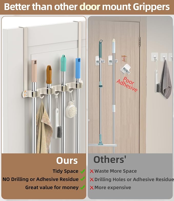 Broom Holder Over The Door with Hooks -304 Stainless Steel (light beige) | Save Space, Anti-Rust & Sturdy, Mop and Broom Holder Wall Mounted or Hanging Over The Door, for Garage Laundry Kitchen