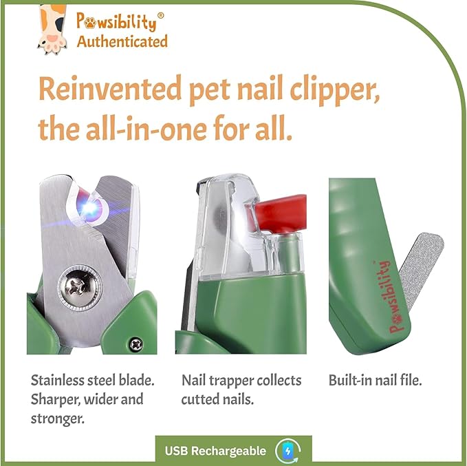 Pawsibility - Reinvented Pet Nail Clippers for Your Pal - [USB Rechargeable] - LED Light for Bloodline | Razor Sharp and Durable Blade | Vets Recommended Trimming Tool for Dogs and Cats - Green