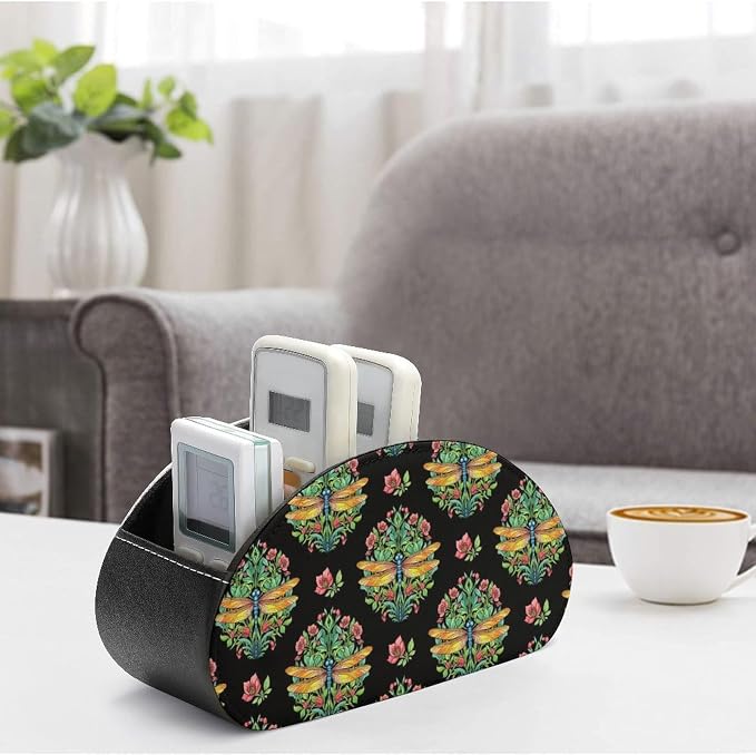 Remote Control Holder Caddy Dragonfly Animal Lover Desk Storage Organizer | Dragonfly Animal Lover, PU Leather, 5 Compartments, Fits TV Remotes, Media Player, Office Supplies