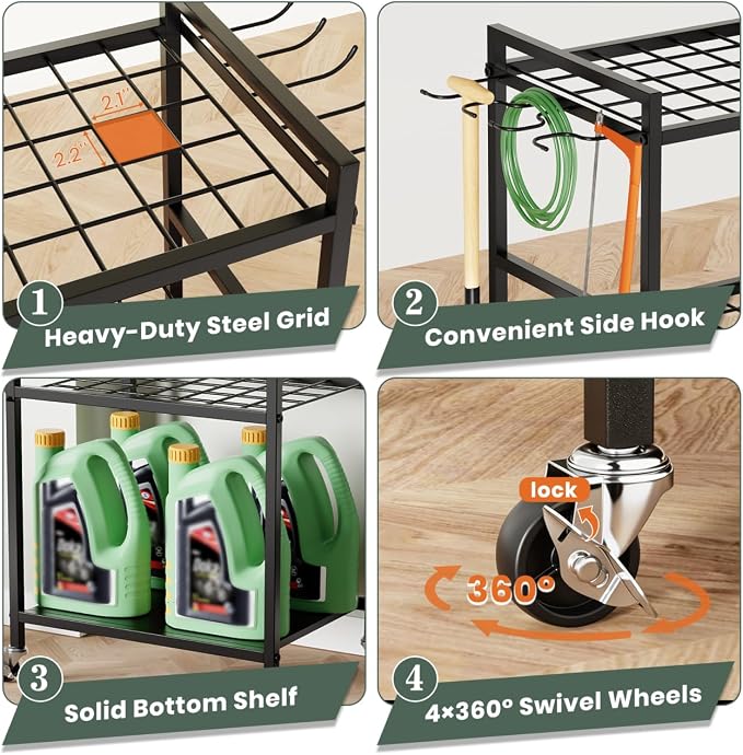 SPACECARE Garden Tool Organizer with Wheels, Up to 35 Long-Handled Tools | Yard Tower Rack for Garage Organization and Storage, Heavy Duty Steel Garden Tool Stand for Shed, Outdoor (Rakes/Brooms)
