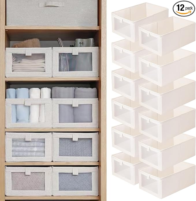Linen Closet Organizers And Storage, 12 Pack Closet Storage Bins Linen Closet Baskets for Closet Organization Foldable Closet Organizer Bins with Clear Window For Organizing Clothing, Jeans, Shelves