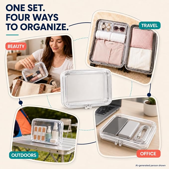 SELFIE CAT 5Pcs Clear Zipper Cases, Water Resistant Travel Organizers | Rigid clear PET, smooth double zippers, 3 stackable sizes for toiletries, cosmetics, stationery and household essentials
