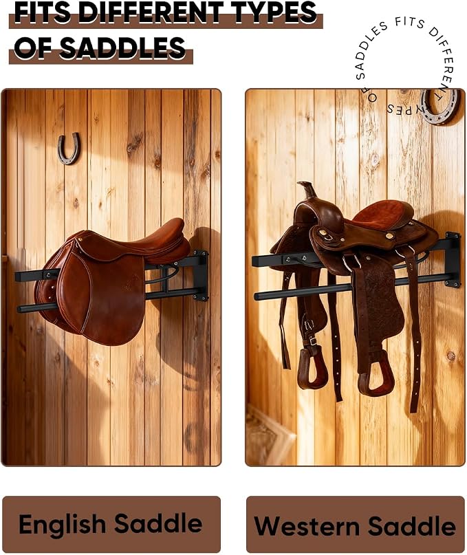 Queension Wall Mounted Saddle Rack with Pad Bar for Horses Saddles, Black | Heavy Duty Horse Saddle Stand with for English & Western Saddles, Saddle Pad Rack for Horses Blanket, Tack Storage