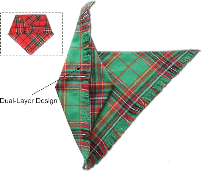 Christmas Dog Bandanas 2PCS-Large,Winter Classic Red Green Plaid Dog Scarf with Tassels Edges,Triangle Holiday Outfit for Boy and Girl Dogs,Pet Costumes for Medium to Large Dogs
