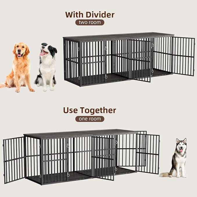 VOWNER 86.7" Double Dog Crate Furniture for 2 Large Dogs, Grey/Black | Heavy Duty Wooden Dog Kennel with Removable Divider, XXL Dog Cage TV Stand End Table with 4 Doors, Double Locks for Each Door