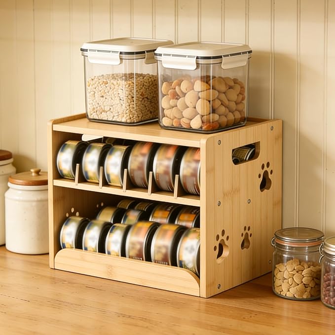 JALZ JALZ Bamboo Cat Food Can Dispenser 2-Tier Gravity Pet Food Storage Rack | Compact 2-tier organizer maximizes vertical space in your pantry, cabinet, or countertop