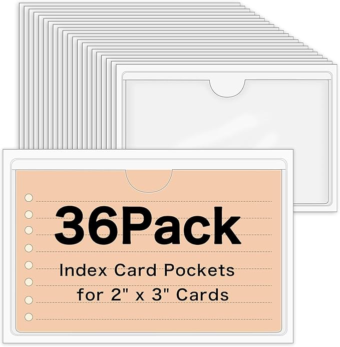 36 Pack Clear Adhesive Label Holders, 2 x 3 Inch Index Card Pockets | Top-loading PVC pockets; sticks to bins, shelves, wood, metal, plastic, and cardboard; clear, durable, easy to replace cards