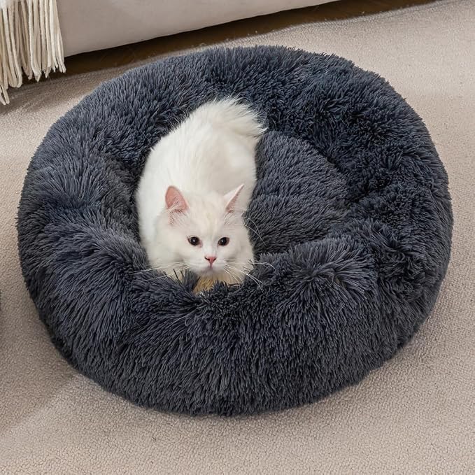 Calming Dog Bed, 39 inch Large Round Donut Plush Pet Cushion, Machine Washable Anti-Slip Bottom, Fluffy Warm Couch for Dogs Cats Up to 50KG, Dark Gray