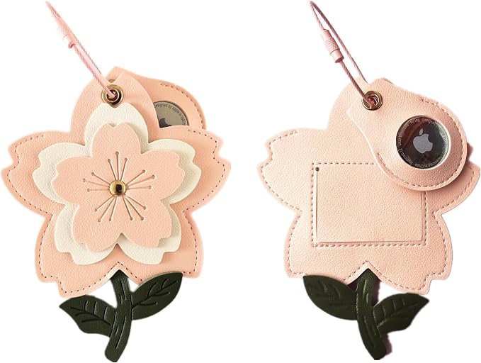 PU Leather Luggage Tag with Airtag Holder Case Set and Name ID Label | Hidden Compartment for AirTag Travel Suitcase Tracking Case with Stainless Steel Loop,Cute Fruit Plant Animals Styles,sakura