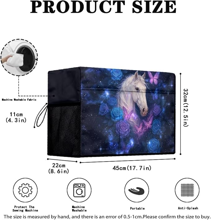 Rose Horse Print Sewing Machine Cover Heavy-Duty Dust & Pet Hair Protection with Storage Pocket, Fits Brother, Singer, Janome Machine (Blue)