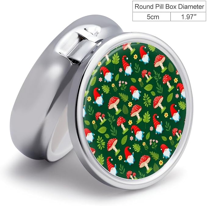 Round Pill Box for Purse Tote Bag Red Mushroom Unique Design Gnome Green 3 Compartment, Compact Pill Organizer for Travel Supplements