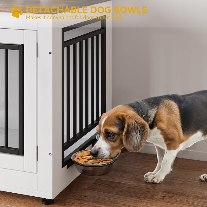 DWVO 28 Inch Dog Crate Furniture with Adjustable Feet & Removable Bowls | Dog Kennel Indoor Furniture End Table for Dogs, Modern Decorative Wooden Cage, Chew-Resistant, White