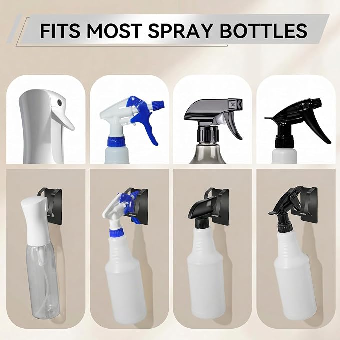KIHOGEM Spray Bottle Hanger 4pcs, Black | Adhesive Spray Bottle Hook Stainless Steel Spray Bottle Holder Wall Mount Non Drilling for Cabinet, Kitchen or Under Sink