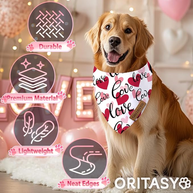 Valentines Day Dog Bandanas, 2-Pack Triangle Reversible Valentine Pet Scarves, Premium Fabric, Bandana for All Boys Girls Dogs (S, Style 1)