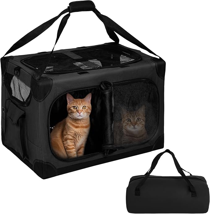 Extra Large 2-Cat Foldable Pet Travel Carrier,24"x17"x17",Black | Removable Divider, Metal Frame Support, Breathable Mesh Panels, With Storage Tote & Padded Straps