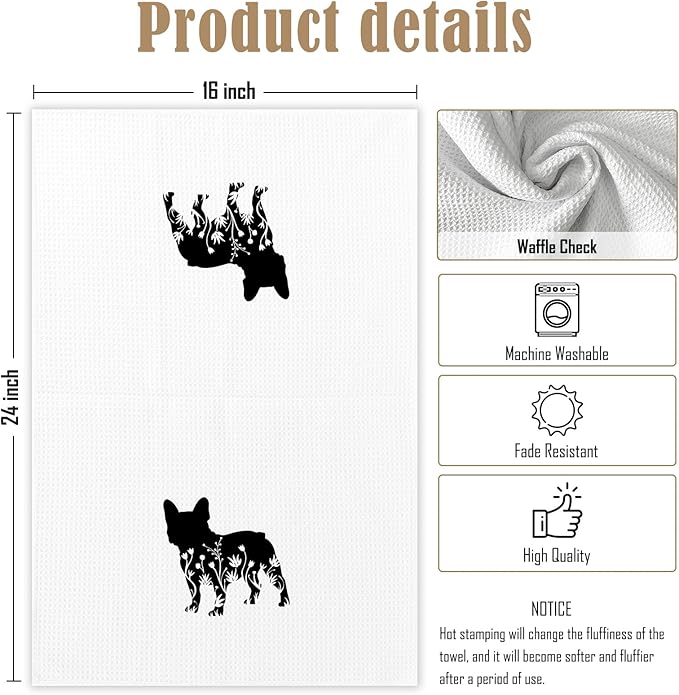 Black and White Pug Flower Kitchen Towels,Pug Weiner Dog Lover Gifts for Women Mom Dish Towels for Kitchen,Weiner Dog Hand Towel Decorative Set for 2