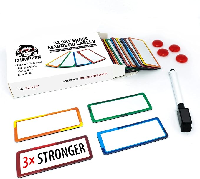 32 Pieces Strong Dry Erase Magnetic Labels 3.3" x 1.3" | Writable Magnetic Name Tags Strips Plates Dry Erase Magnets for Whiteboard Classroom Locker Refrigerator Metal Shelves Crafts | Bonus Included