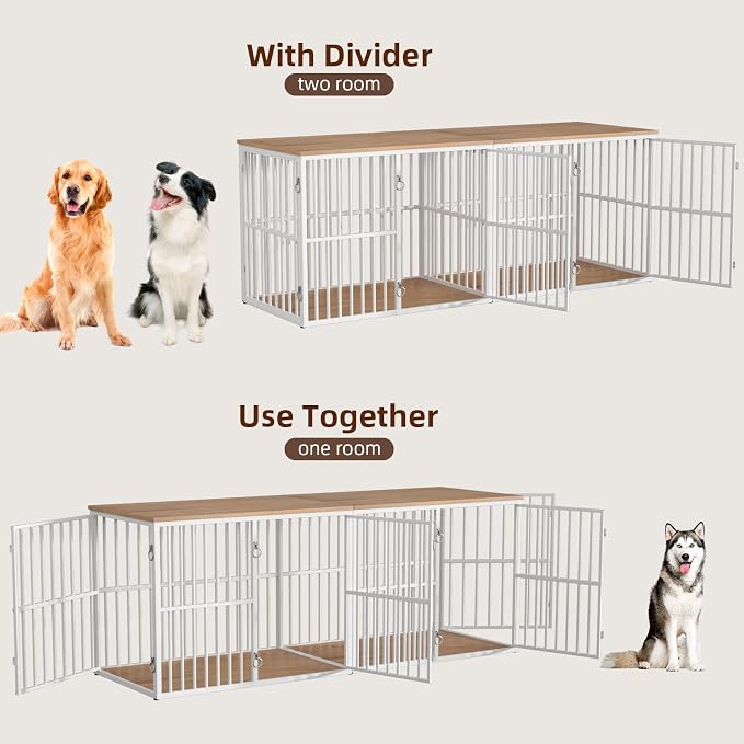 VOWNER 86.7" Double Dog Crate Furniture for 2 Large Dogs, White/Natural | Heavy Duty Wooden Dog Kennel with Removable Divider, XXL Dog Cage TV Stand End Table with 4 Doors, Double Locks for Each Door