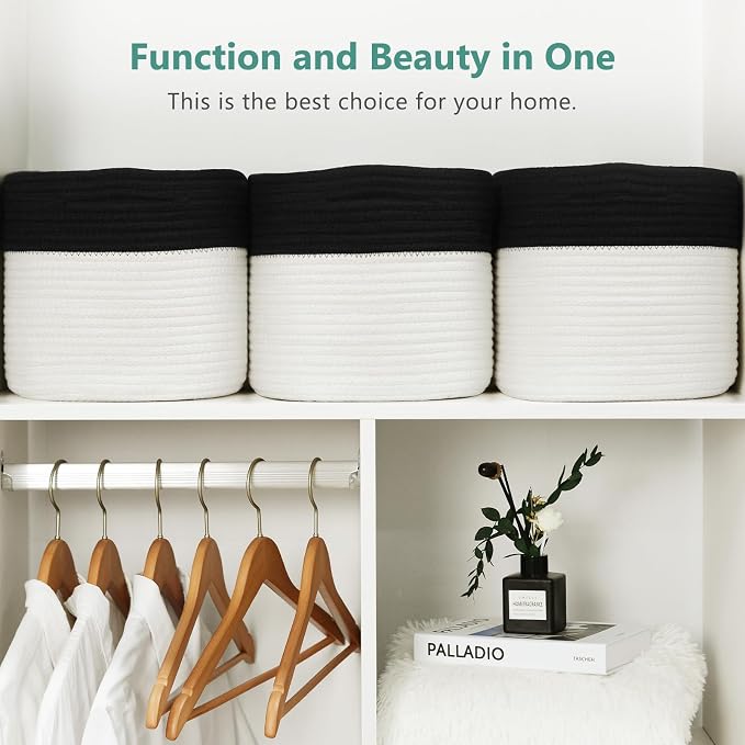 ECDYQXVU 15x10x9 Inch Woven Cotton Rope Storage Basket, 2 Pack | Foldable Design, Built-in Handles, Space-saving Organizer for Living Room, Bedroom, Laundry, Shelves, Clothes, Towels