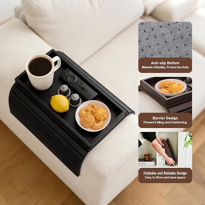 Bamboo Sofa Arm Tray Table, Foldable Couch Arm Tray Side Table, Anti-Falling Armrest Tables Cup Holder for Snacks, Couch Armrest Organizer, Serving Tray for Snacks and Drinks (Black)