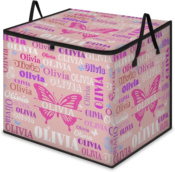 Custom Storage Baskets Cubes for Home with Name, Pale Pink Background Butterflies Large Foldable Organizer Collapsible Storage Bins for Home Blanket Comforters Clothes Closet Nursery