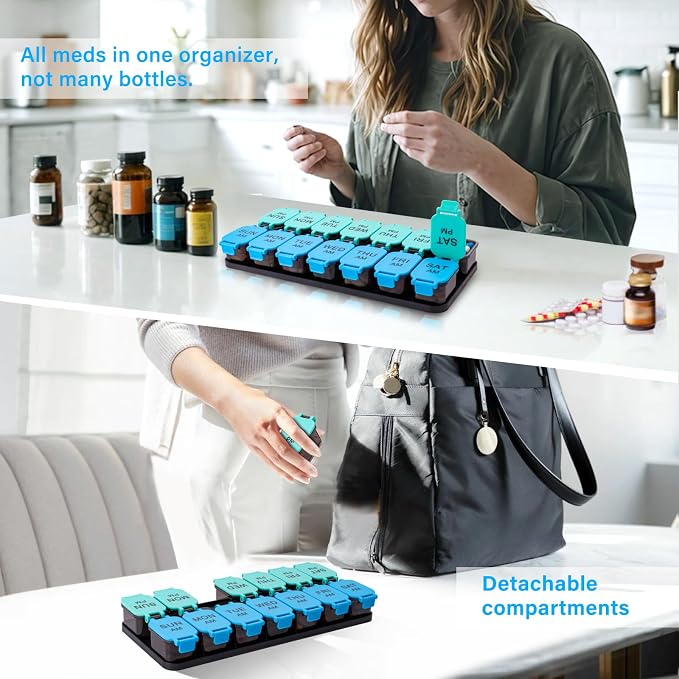 Yaklim Extra Large Weekly Pill Organizer, Detachable 7 Day AM PM Pill Box | XXL 14 Detachable AM PM Compartments；For Big Vitamins & Supplements； Easy to Open & Fill； Waterproof Seals； Easy Readability