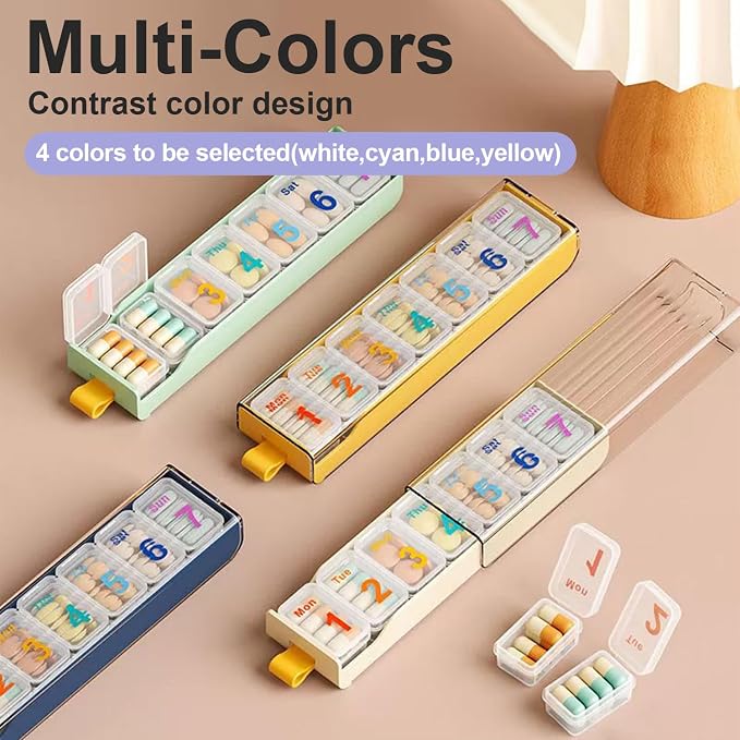 Weekly Pill Organizer, 7 Days Portable Travel Pill Medication Box | 7 Compartment Medicine Planner Dispenser, Every Day Dose, Easy to Open, Senior-Friendly, Storage for Vitamins, Fish Oil, Blue