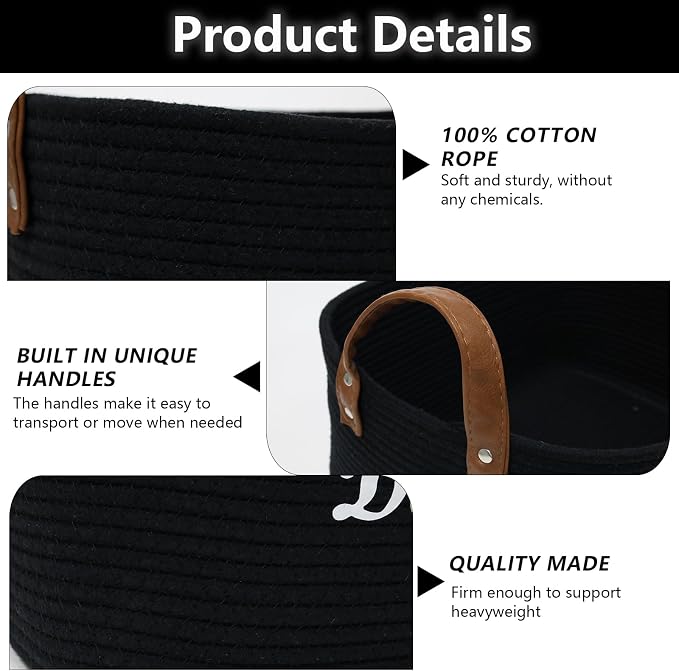 X-Large Cotton Rope Dog Basket with Leather handle Blanket Storage Basket Decorative Clothes Hamper Basket | Extra Large Baskets for Blankets or Laundry-Black