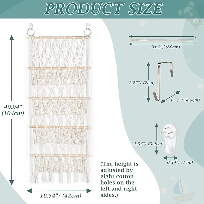 42cm Wide Over The Door Stuffed Animal Storage Hammock Corner Wall Hanging Storage Holder Boho Macrame Plush Toy Organizer Net for Stuffed Animal