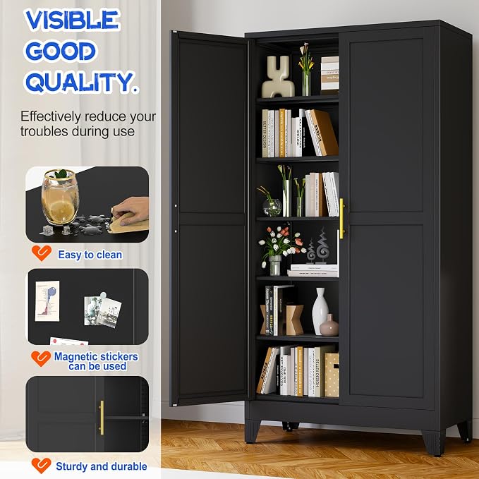 GAIOUS 79'' Tall Metal Garage Storage Cabinet, Home Office Cabinet Black | Home Office Storage, File Cabinet Tool Cabinets with 2 Doors and 5 Adjustable Shelves for Warehouse Garage Outdoor Steel