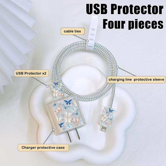 CameCosy Cable Protector for iPhone Apple Charger,Pretty Butterfly Design,Data Cable USB Case Cord Saver Phone Charger Protector for iPhone 11 12 13 14 Pro Max Plus (Brown-Blue)