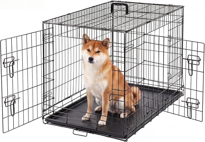 Medium Dog Crate 36 Inch, Metal Wire Foldable Dog Cage Kennel | Double Door, Secure Lock, Plastic Leak-Proof Pan Tray, Indoor Outdoor Training Pet