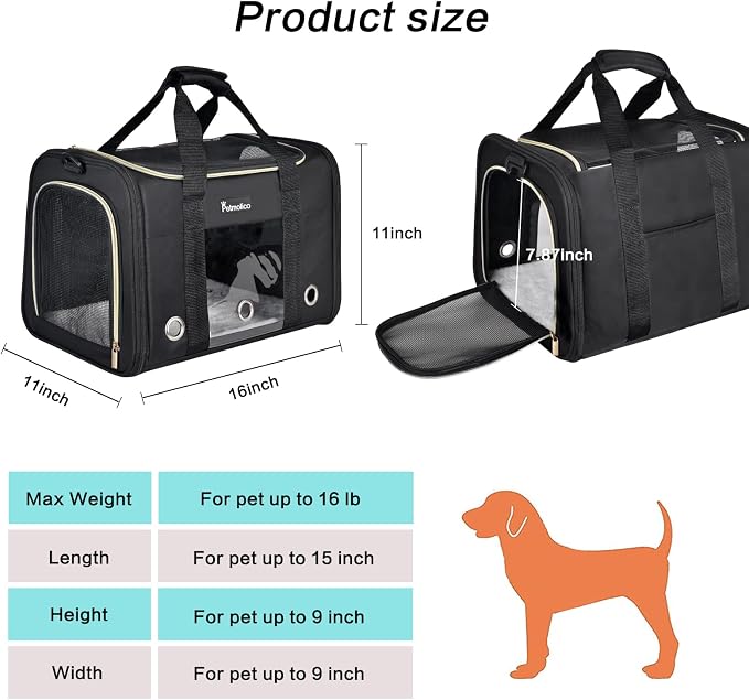 Petmolico Cat Carrier Soft-Sided Airline Approved, Medium,Black | For small/medium cats & puppies up to 16 lbs, 3 open doors, travel-friendly pet bag