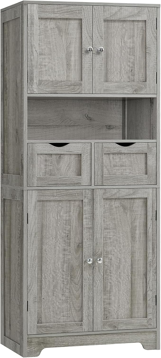 TEENFON 57.8" H Tall Storage Cabinet with 2 Drawers & 2 Adjustable Shelves, Bathroom Storage Cabinet with 4 Doors, Floor Cupboard, for Living Room, Dining Room, Entryway, Woodgrain Gray