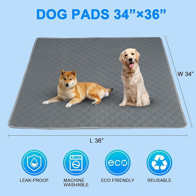 Washable Pee Pads for Dogs 34"x36" Reusable Puppy Pad Pet Training Pads, Waterproof Mat Non-Slip, Dog Pee Pad Whelping Pads Dog Mat-Playpen,Crate,Sofo,Car,Potty,Bed