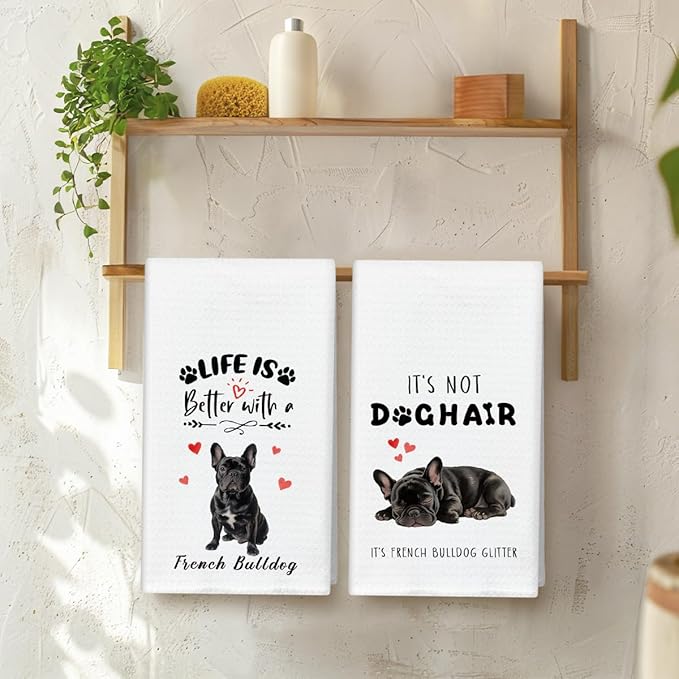 WwongxianB French Bulldog Kitchen Towels Decorative Set of 2, Funny Tea Towel Hand Towels Highly Absorbent Soft Dish Cloths 16x24 Inches, Bathroom Dining Room Decor, Frenchie Gifts for Dog Lovers -07