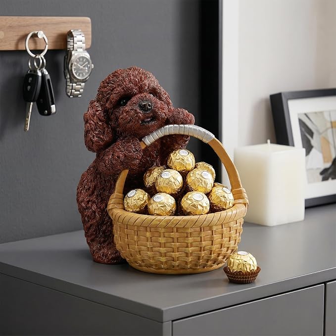Cute Red Poodle Candy Bowl, Resin Dog Figurine Key Bowl for Entryway Table, Desktop Storage Basket Organizer for Desk, Unique Poodle Lover Gift