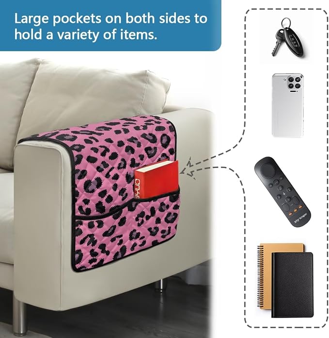 Pink Leopard Print Sofa Armrest Covers Non-Slip Arm Rest Covers Washable Couch Arm Cover with Two Pockets Dustproof Furniture Protector for Living Room Decoration