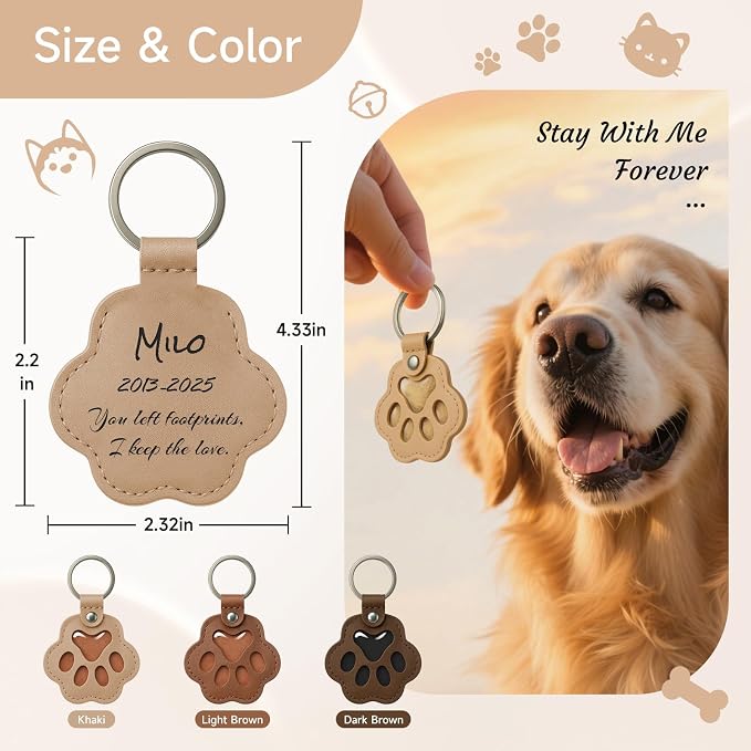Personalized Pet Memorial Gifts for Dogs - Custom Name Paw-Shaped Leather Keychain, Refillable Keepsake for Bag or Key