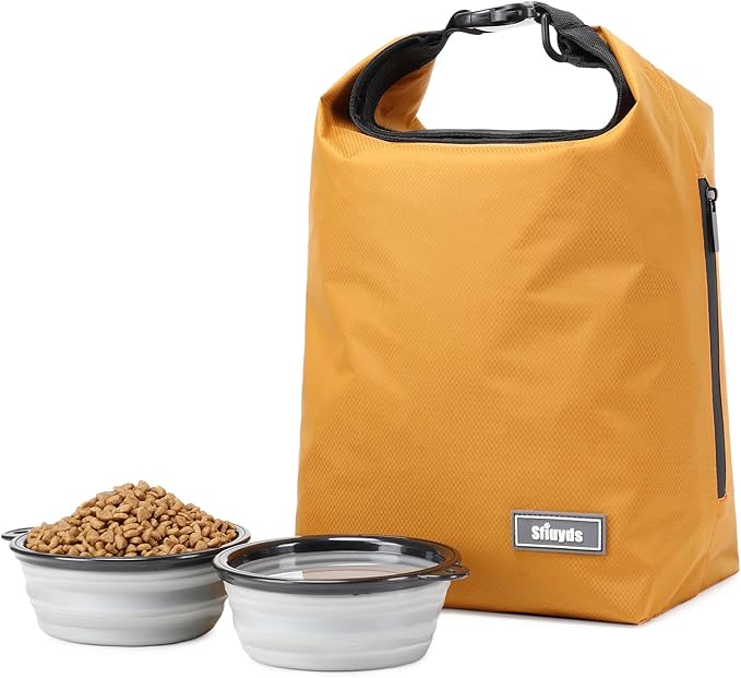 Pet Food Storage Dog Food Travel Container with 2PCS Collapsible Dog Travel Bowls Waterproof Kibble Storage Bag (Yellow, Small)