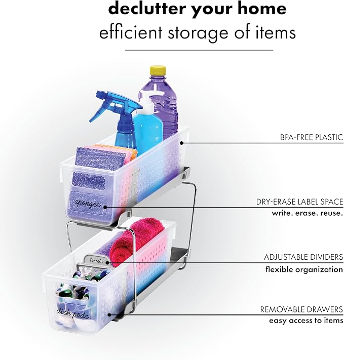 madesmart Compact Two Tier Organizer, Frost | pull out bins, adjustable dividers, tiered access, cleaning supplies, under sink use, pantry bottles, woman owned